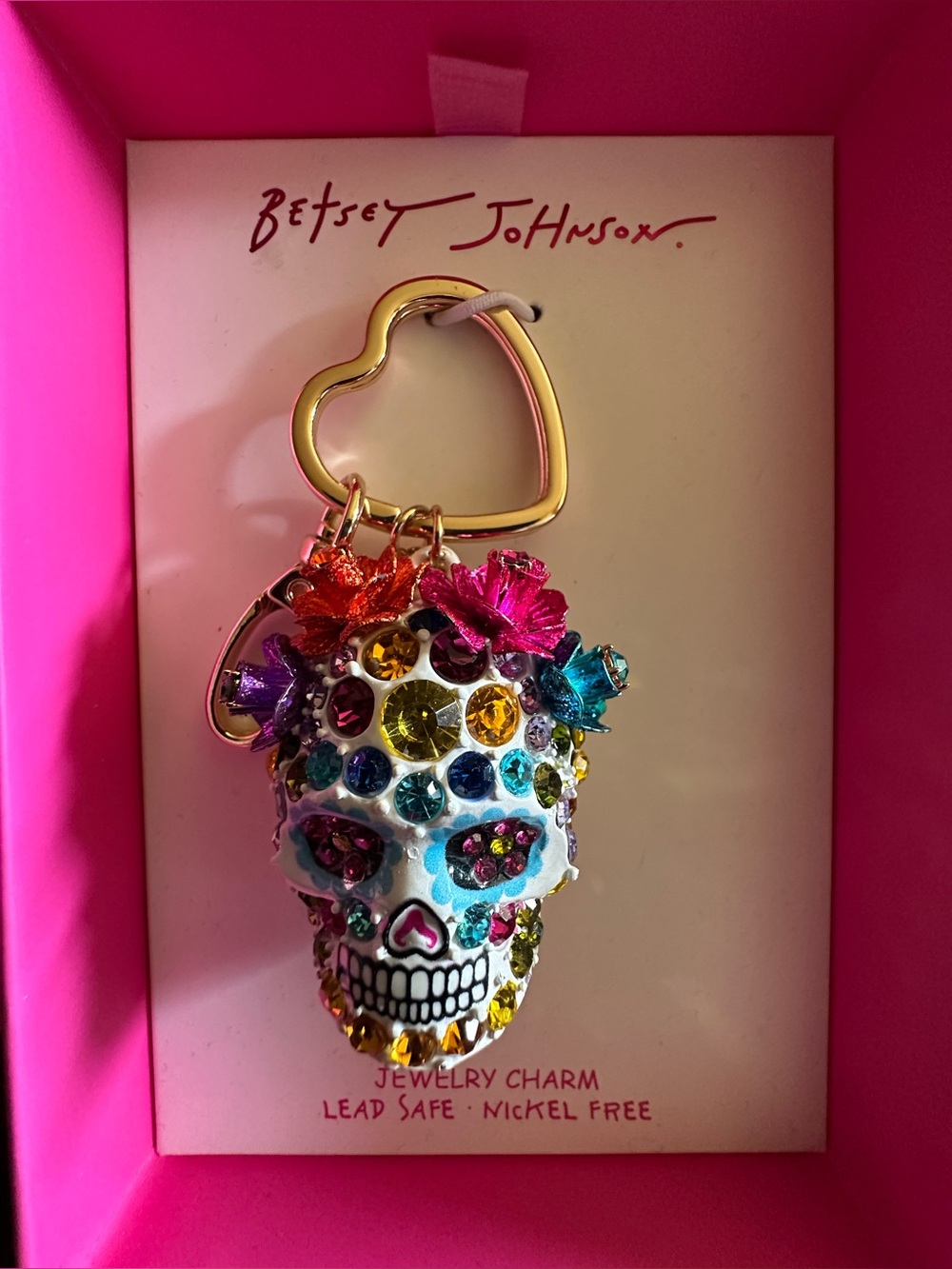 Betsey Johnson White Jeweled Sugar Skull Keyring with Gold Hardware - NWT